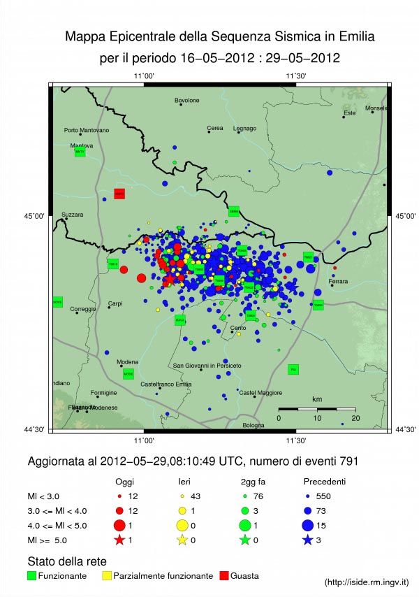 La mappa dei terremoti in Emilia dal 16 maggio ad oggi (Fonte: Istituto Nazionale di Geofisica e Vulcanologia)