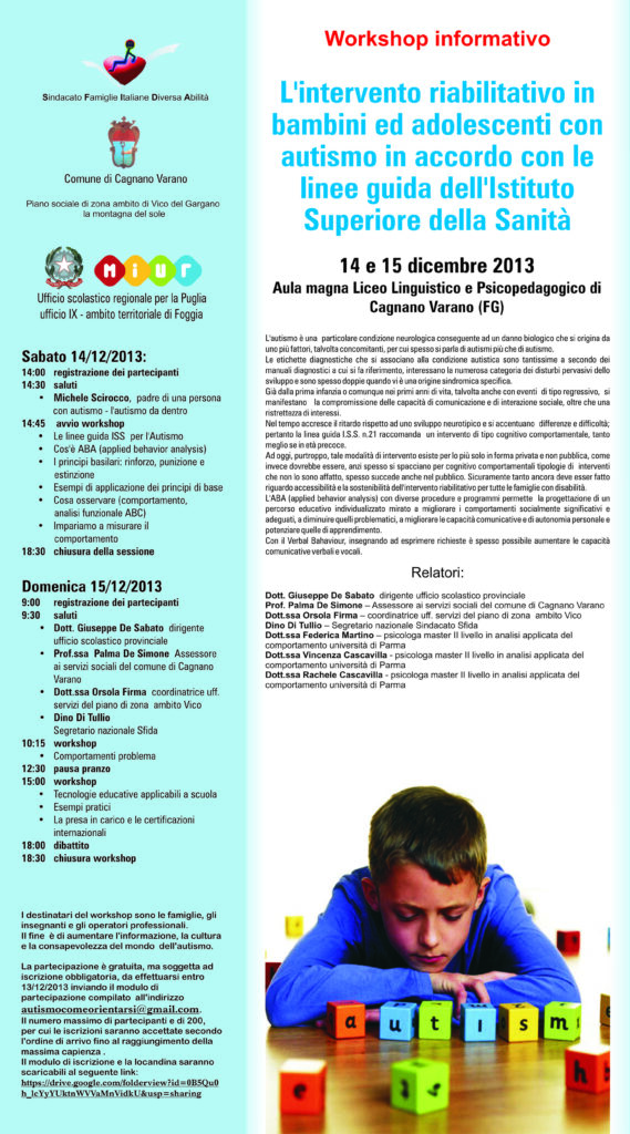 Sabato e domenica workshop sull’intervento riabilitativo in bambini e asolescenti autistici
